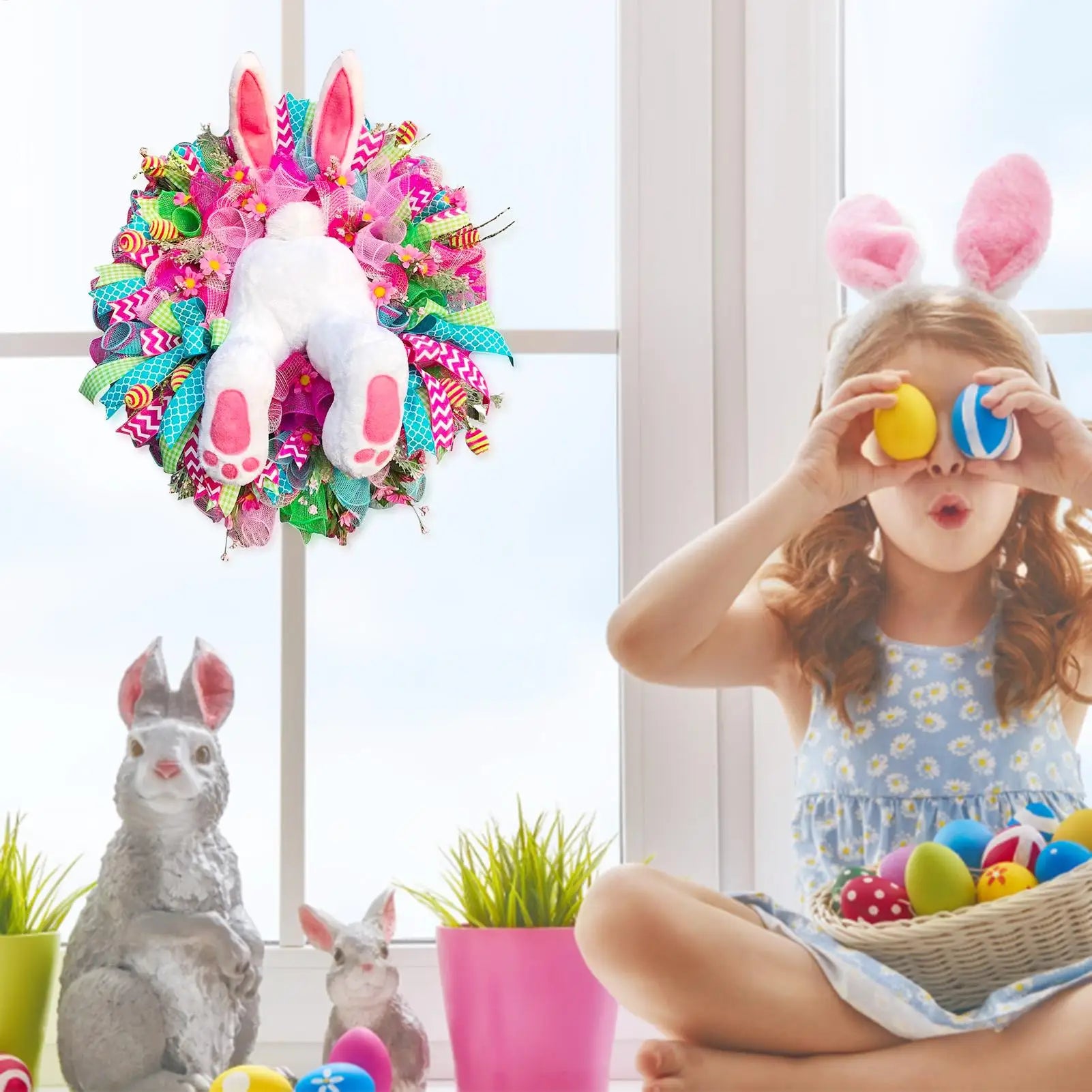Easter Decorations Craft Supplies Easter Rabbit Wreath with Ears Rabbit Shape GarlandWall Decor Home Decoration Props
