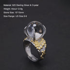 925 Sterling Silver Statement Ring for Women Large Ball Crystal Natural Gemstone Irregular Unique Design Exaggerated Jewelry