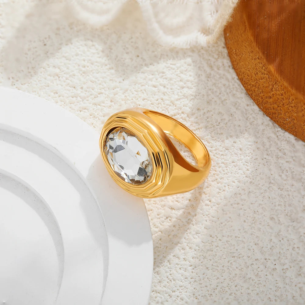 Statement Vintage Oval Big Zircon Ring for Women Gold Plated Stainless Steel Delicate Finger Ring Luxury Jewelry Wedding Gift