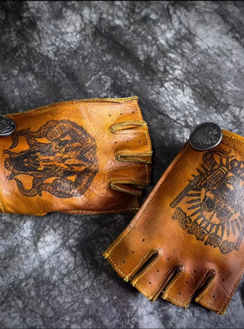 Motorcycle Gloves Men's Driving Retro Motorcycle Driver Non-Slip Durable Half Finger Fingerless Fitness Real Goat Leather Gloves