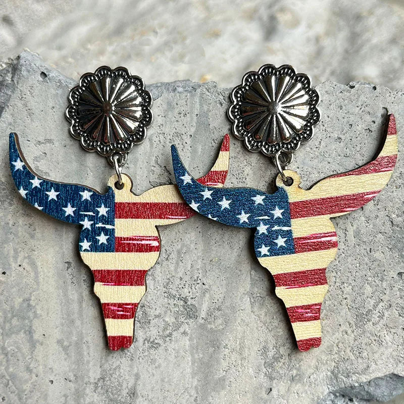 New American Independence Day Earrings July 4th Festival Decoration Western Cowboy Sun Flower Boots Cowhead Hat Wooden Ear Rings