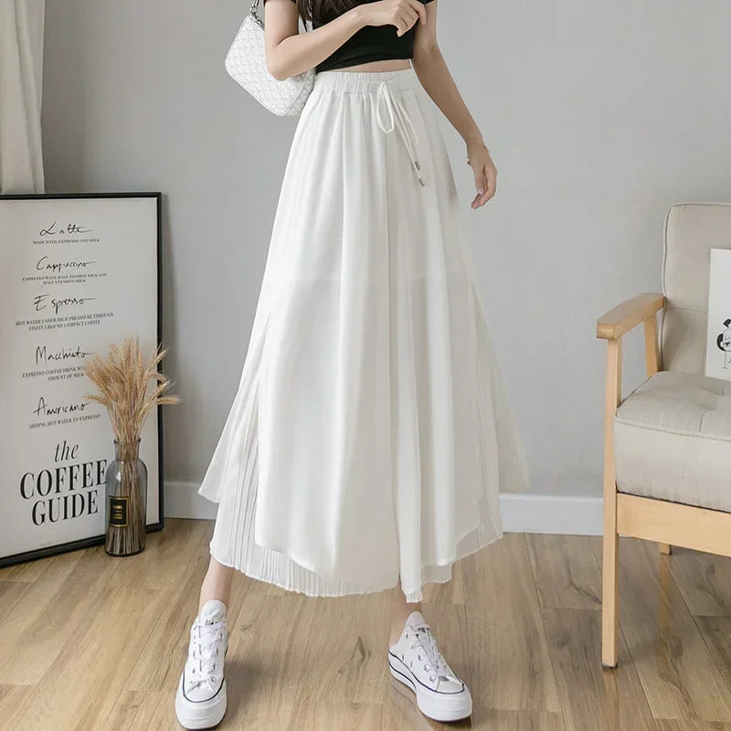 Women Pants Culottes Elastic Wide Leg Irregular Hem Double Layers Korean Trousers Summer Casual Loose Pleated Pants