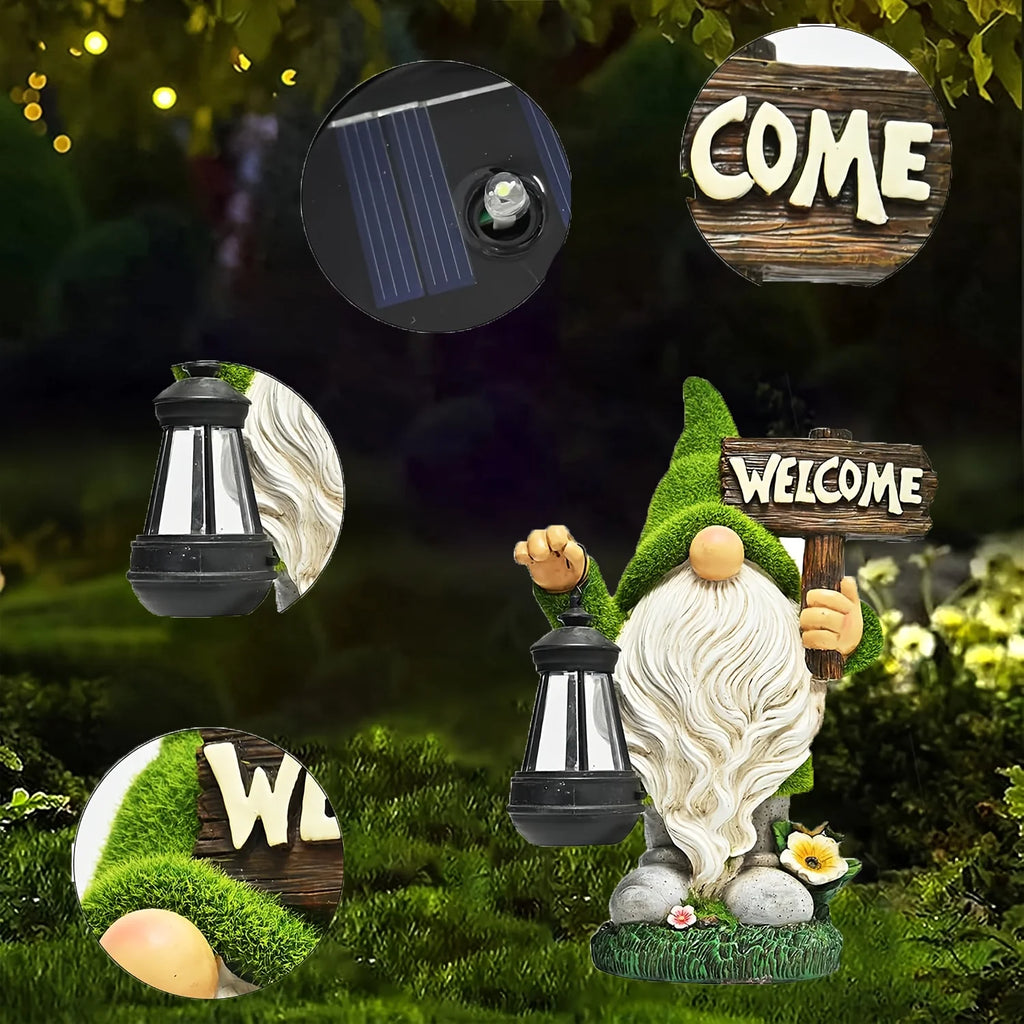Garden Gnome Statue Outdoor Decor Large Flocked Resin Gnome Figurine with Solar Light Holding Lantern Welcome Sign