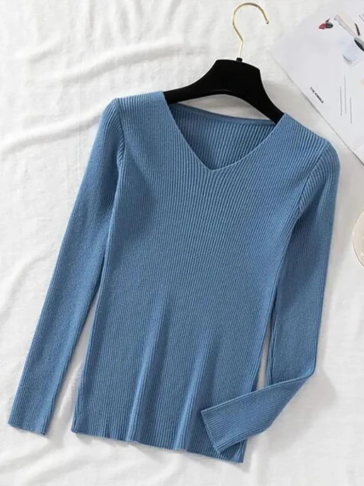 Women Sweater 2026 New Autumn Winter Long Sleeve Pullover Basic Top Fashion V-neck Elastic Female Winter Solid Knitted Jumper