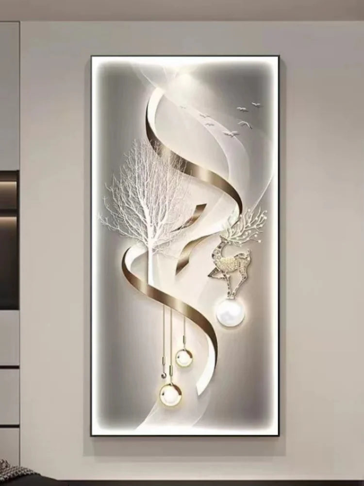 Living room decoration painting, modern minimalist high-end feeling, illuminated corridor with hanging paintings and lights