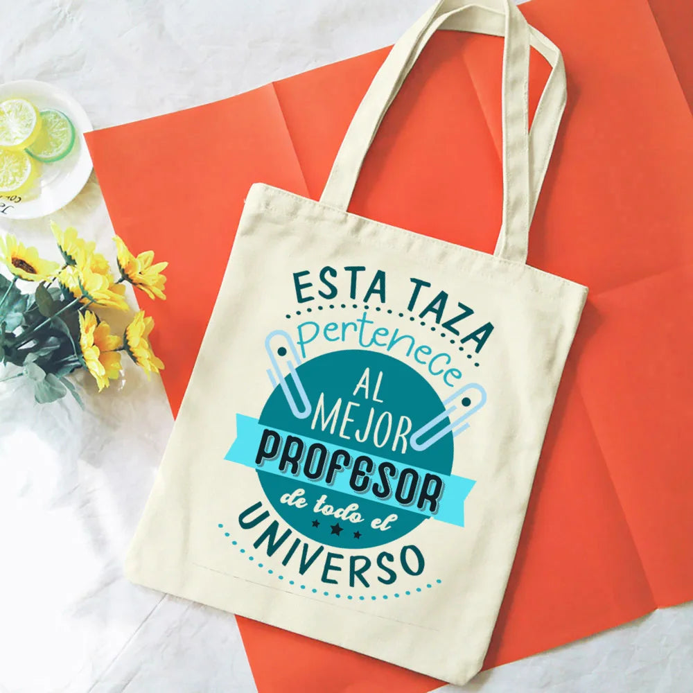 Spanish Printed Women Shopping Totes Bags White Teacher Life Bags Eco Reusable Fashion Canvas Shoulder Book Bag Gift for Teacher