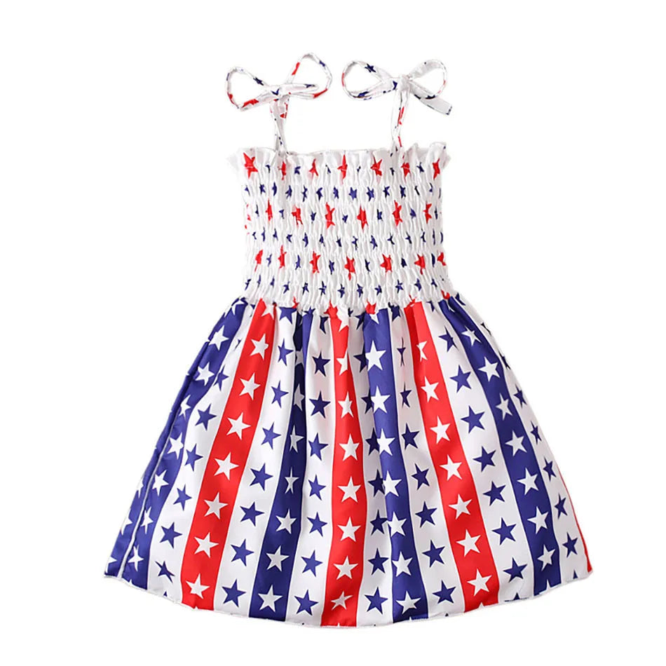 Charming 4th of July Summertime Girls Casual Dresses Sling Patriotic Pattern and Cartoon Printed Playful Butterflies and Stars