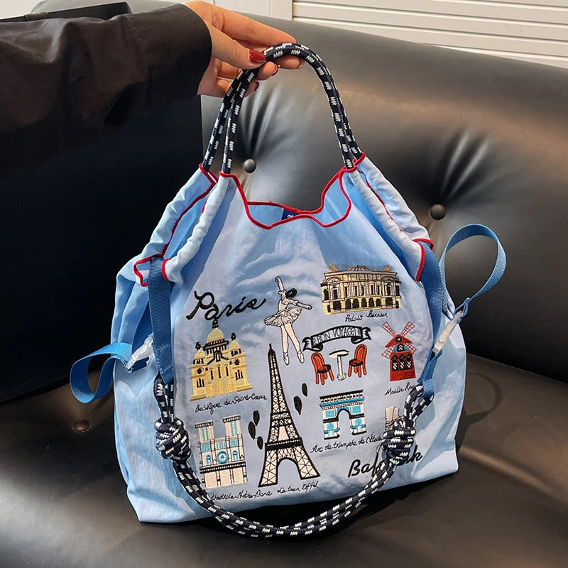 Embroidered handbags with niche designs, lightweight and portable large capacity shopping bags, fashionable retro handbags, and